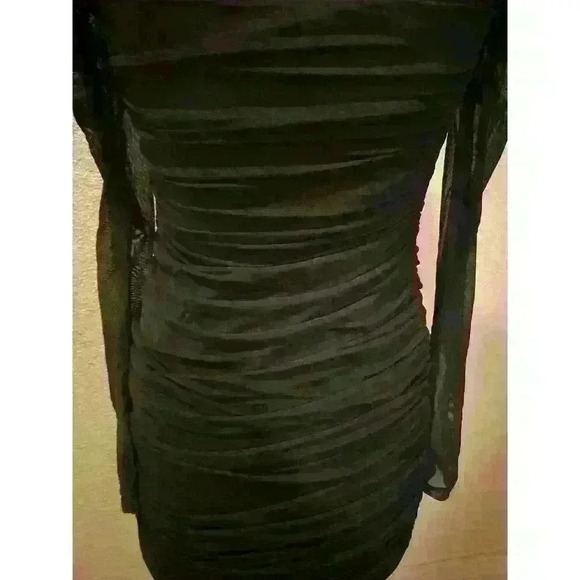 Wdirara Black Ruched Square Neck Long Sleeve Mini Dress NWT Size L - Picture 10 of 13